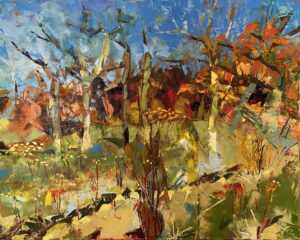 An impressionist painting of the woods on a bright day