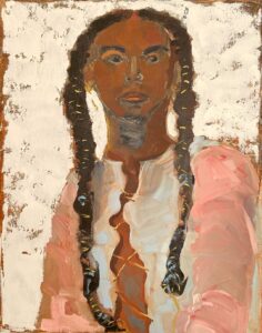 A painting in an impressionistic style of a woman with a dark complexion and wearing two long black braids