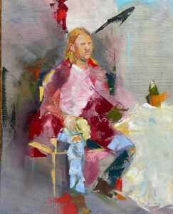 A painting of a seated figure with long blonde hair and wearing a red outfit with blue pants surrounded by a grey room