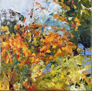 A colorful palette knife painting in greens and reds and blues that have the appearance of a tree with sky