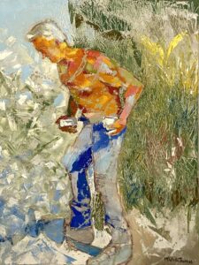 An impressionistic painting of a male with shirt off, wearing blue jeans and laboring on a sunny day