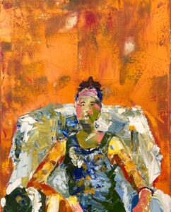 Against a thick-painted orange background, an image of a female figure wearing a blue dress sits on a light-colored chair