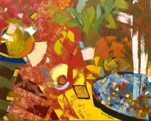 A very stylized painting of plants in a yard-like area