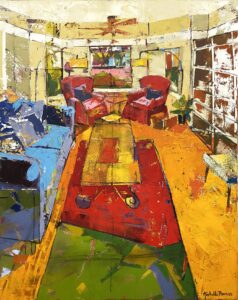 A colorful, palette knife painting of a living room with a sofa, chairs a bookcase and table