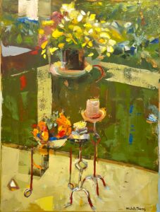 A flowerpot seen rendered with thick, impressionistic palette knife paint