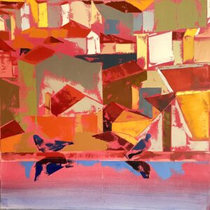 A very stylized, pastel-colored painting of two birds amidst housing structures