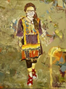 A female figure wearing a colorful decorative dress rendered in a stylized pattern knife painting