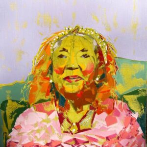 An impressionistic palette-knife painting of a woman's bust in colorful pink and green patterns