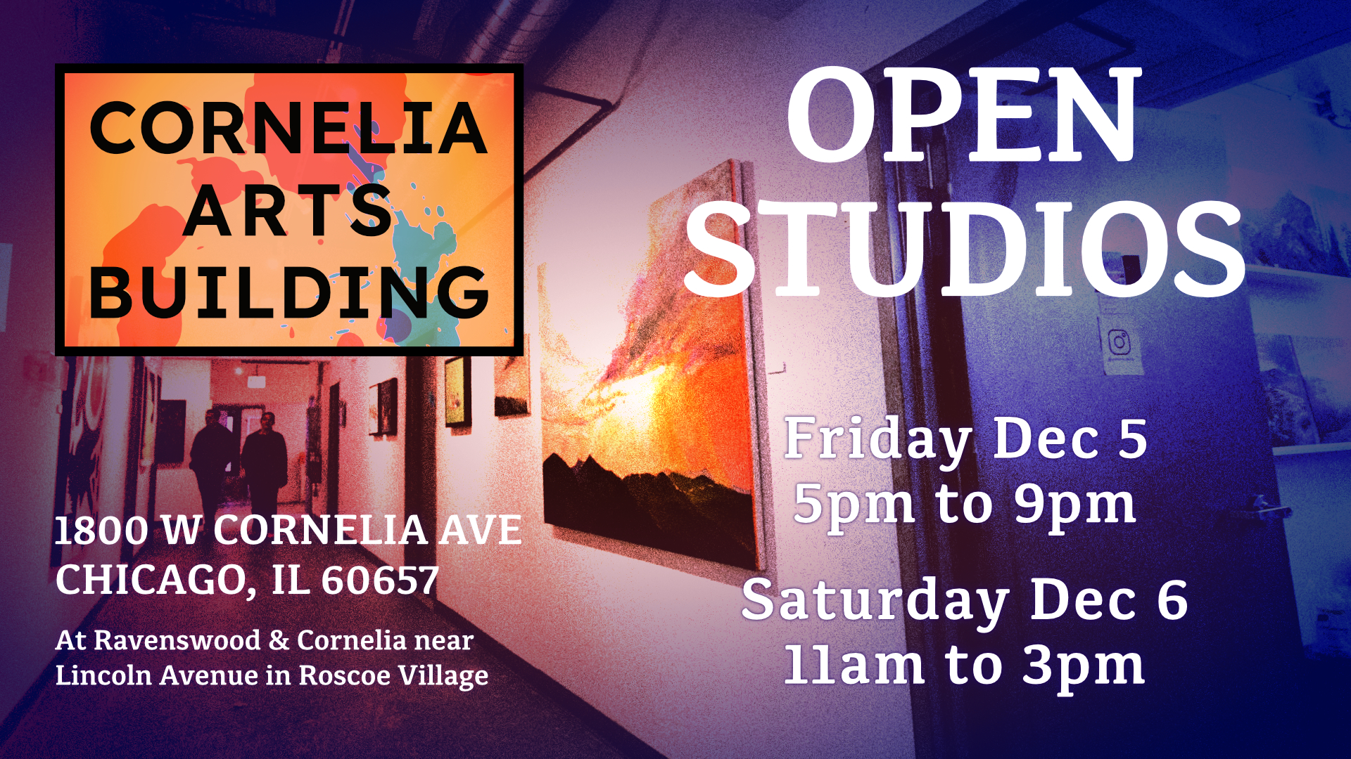 A violet and blue tinted image of a hallway at an art gallery setting with people viewing work overlaid by show information including the text "Open Studios – Friday December 5, 9-5pm and Saturday December 6 11am-3pm"