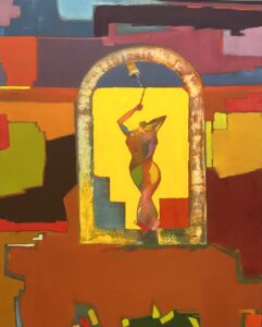 A painting of a headless female figure rendered in loose, colorful brushstrokes with purples, reds and other warm colors in large squared off patches