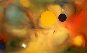 An abstract painting of flowing, soft brushstrokes rendered in warm tones with sharply-rendered orange and black circles floating in the foreground.