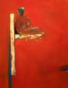 A painting with a mostly red surface with a stylized female figure seated on a light-colored post of some sort