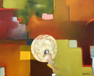 A mostly abstract pattern painting of brown, orange, red, and green and blue squares and right-angle polygonal shapes with a stylized female figure who's face is obscured sitting agains a textured white circle