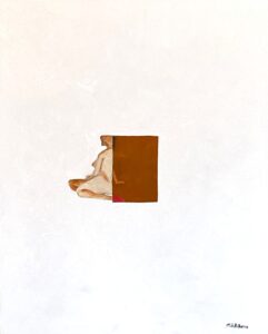 A painting with a white textured background with a stylized nude female figure seated and leaning against a brown box