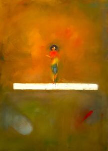 A painting with a softly focused background in green, ochre red and other warm tones with a stylized image of a woman wearing red and blue standing on a white-cream colored platform in the foreground