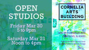 A graphic showing art show information in a green, blue and purple color theme, with a floral pattern in the background