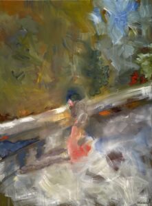 An abstract painting with imagery resembling natural settings rendered mainly in green and white brushstrokes