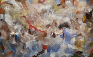 An abstract painting with large white, blue and red brushstrokes