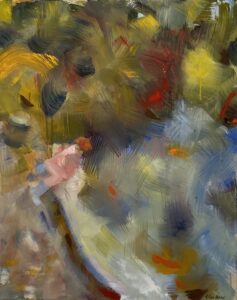 An abstract painting with figurative and nature-like imagery rendered in wide brushstrokes