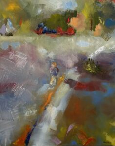 A abstract painting resembling nature and figurative imagery rendered with large brushstrokes of various color
