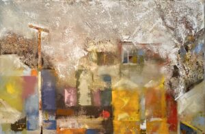 A very stylized rendering of a cityscape made with multiple colors and textures