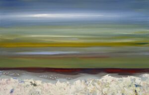 An abstract painting resembling a seascape with blue, green and white brushstrokes