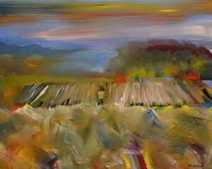 An abstract painting with wide green, blue, white and red brushstrokes