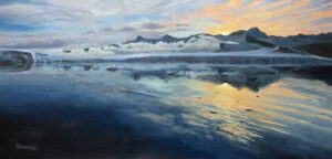 Landscape painting of a snowy environment with the sun just near the horizon over a seascape with ice in the water and a mountain range in the distance with low-lying clouds around the base