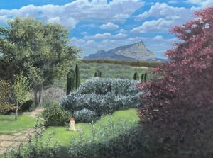 A landscape painting in a garden on a summer day with clouds and sun, a large mountain in the distance a woman in a sundress sitting in the middle of the scene among some bushes and trees on a lawn