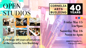 A show graphic with splashes of bright color, the faint image of paintbrushes in a can near an easel and 6 smaller images of people at an art gallery and various art studio images