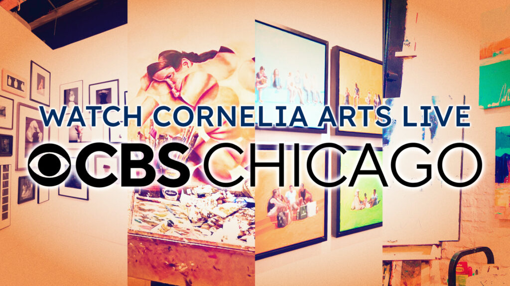 A graphic with several tiles of various artists' work on display in their studios, with the title information overlaid on top