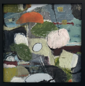 An abstract painting with various amorphous shapes in beige, light green, orange and blue colors