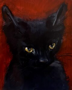 A painting in deep red and black hues of a black cat wit ears raised and defined minimally apart from deep, golden eyes staring intently at something out of frame