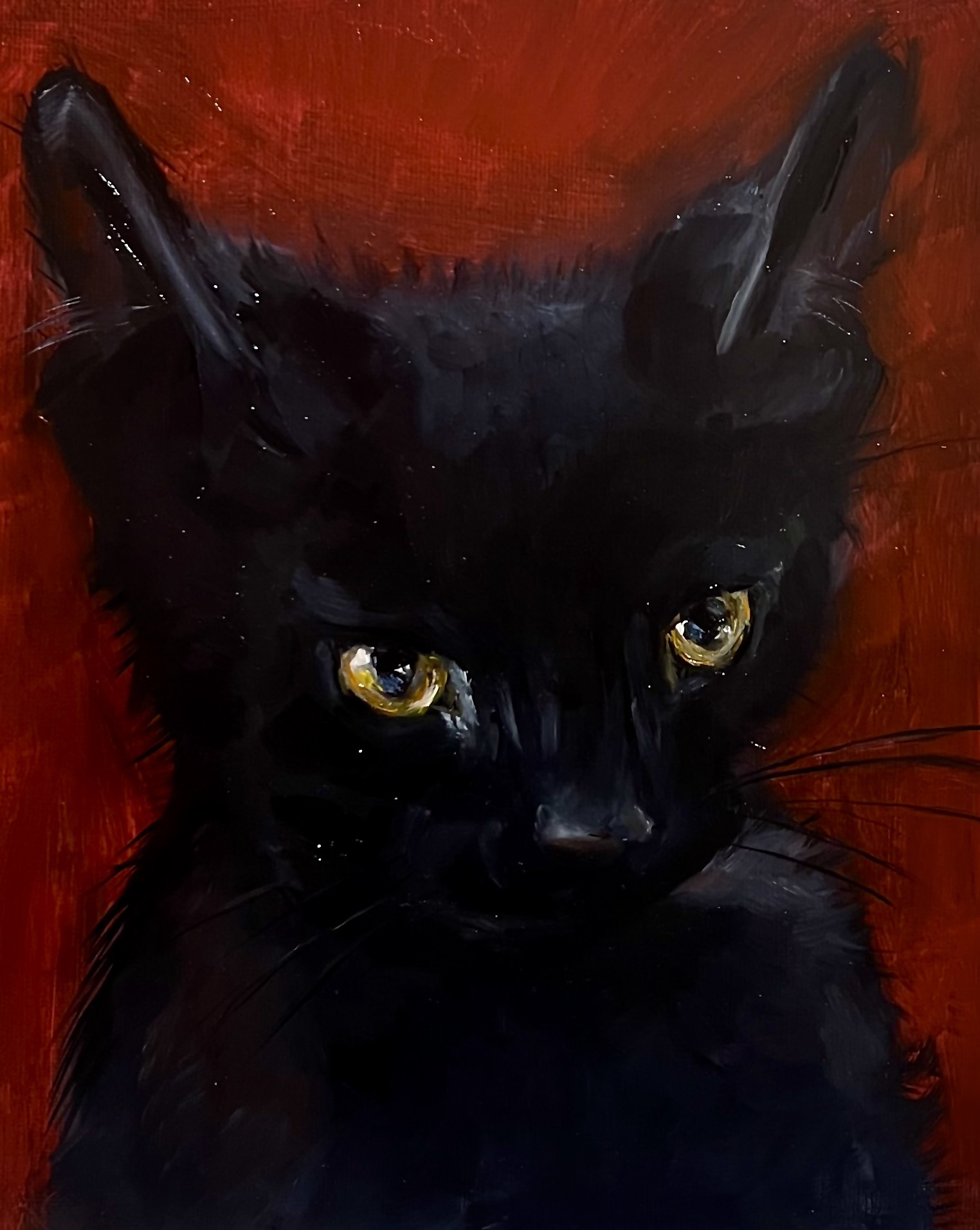 A painting in deep red and black hues of a black cat wit ears raised and defined minimally apart from deep, golden eyes staring intently at something out of frame