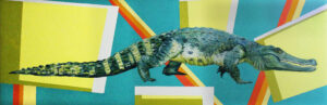 A painting of an alligator walking in profile set against a background of angular geometric shapes of yellow and ochre blocks with straight lines of red, orange and pale yellow over an aqua green background