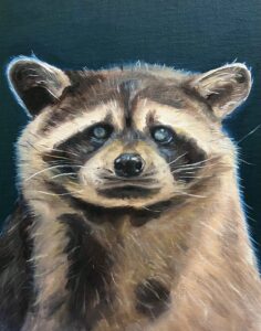 A painting of a raccoon staring directly at the viewer with an inquisitive look