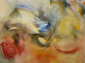 Abstract painting composed of expressive brushstrokes in a swirling pattern of different colors