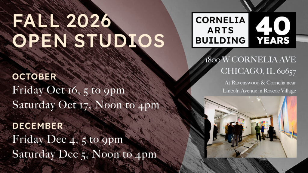 A graphic with information for building open studios events on Friday, October 16 from 5 to 9pm and Saturday October 17 from noon to 4pm followed by 2 more dates: Friday December 4, 5 to 9pm and Saturday December 5 Noon to 4pm. The exterior of the building is visible in the background along with the building logo and an image of people viewing art at an exhibition.