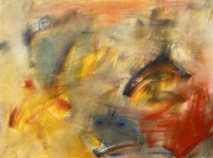 Abstract painting composed of expressive brushstrokes in a swirling pattern of different colors