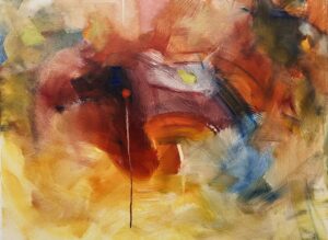 Abstract painting composed of expressive brushstrokes in a swirling pattern of different colors