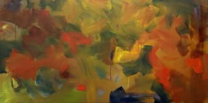 Abstract painting composed of expressive brushstrokes in a swirling pattern of different colors