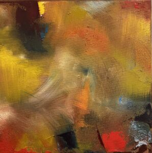 Abstract painting composed of expressive brushstrokes in a swirling pattern of different colors