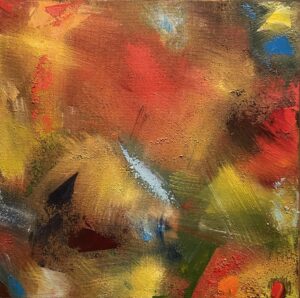 Abstract painting composed of expressive brushstrokes in a swirling pattern of different colors