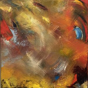 Abstract painting composed of expressive brushstrokes in a swirling pattern of different colors