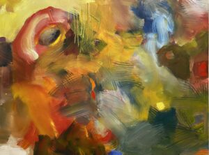 Abstract painting composed of expressive brushstrokes in a swirling pattern of different colors