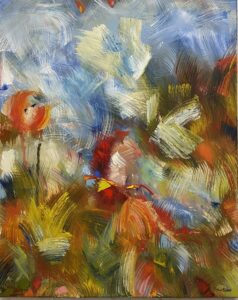 Abstract painting composed of expressive brushstrokes in a swirling pattern of different color resembling a field and sky