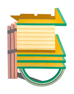 A group of stylized green pink and yellow geometric shapes somewhat resembling a stack of books and writing utensils set against a white background
