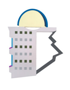 A stylized group of lavender, blue an yellow geometric patterns that somewhat resemble a building exterior set against a white background