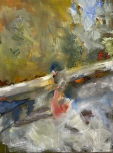 Abstract painting composed of expressive brushstrokes in a swirling pattern of different colors resembling a standing figure