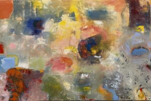 Abstract painting composed of expressive brushstrokes in a swirling pattern of different colors